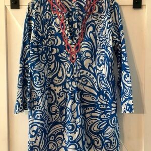 Lilly Pulitzer “Sarasota” Blue and White Swirl Tunic with Beaded Trim